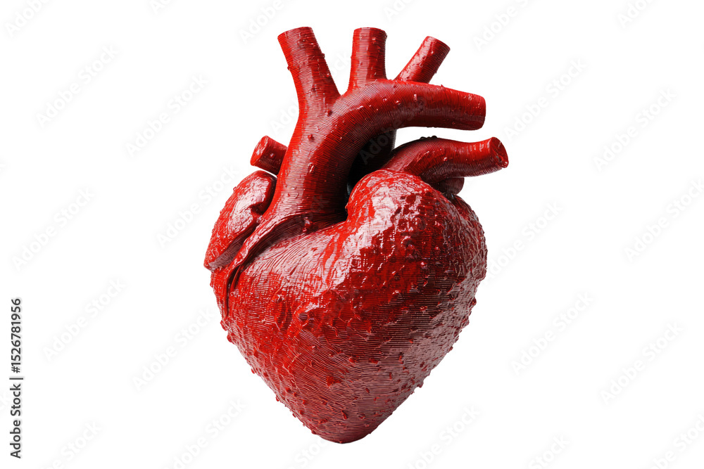 Poster A detailed 3D rendering of a human heart, showcasing its intricate structure and red color. background removed