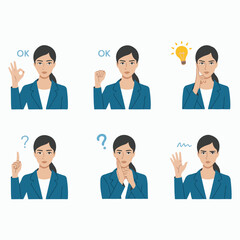 Businesswoman demonstrating various emotions and gestures including ok, idea, and questioning expressions.