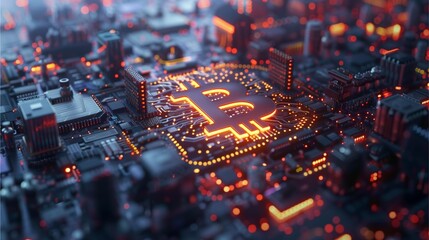 A glowing Bitcoin symbol on a circuit board, representing digital currency and technology