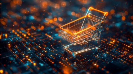 An online shopping cart symbolizing e-commerce and digital transactions. The image showcases a detailed shopping cart against a background of interconnected circuits and data streams