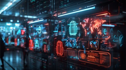 futuristic control room with digital displays showcasing data visualizations. Neon lights create an immersive environment