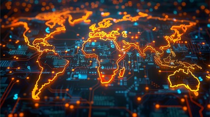 A digital representation of a world map, glowing with an orange outline against a complex circuit board background
