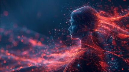 a woman made of particles, glowing with red and blue light, appears ethereal and mysterious