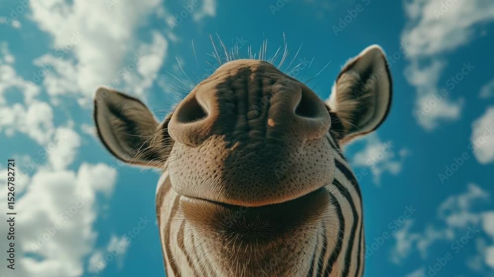 Poster A close-up view of a giraffe's face with fluffy clouds in the background