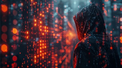 a hooded figure standing amidst a vibrant display of binary code, symbolizing cybersecurity and the digital world