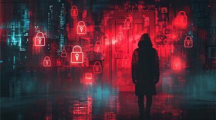A mysterious figure shrouded in darkness stands before a digital network, surrounded by glowing security locks, emphasizing cybersecurity and data protection.