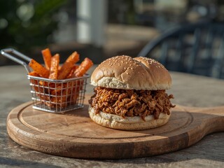 Hearty Vegan Jackfruit Pulled “Pork” Sandwich with Sweet Potato Fries on Wooden Board