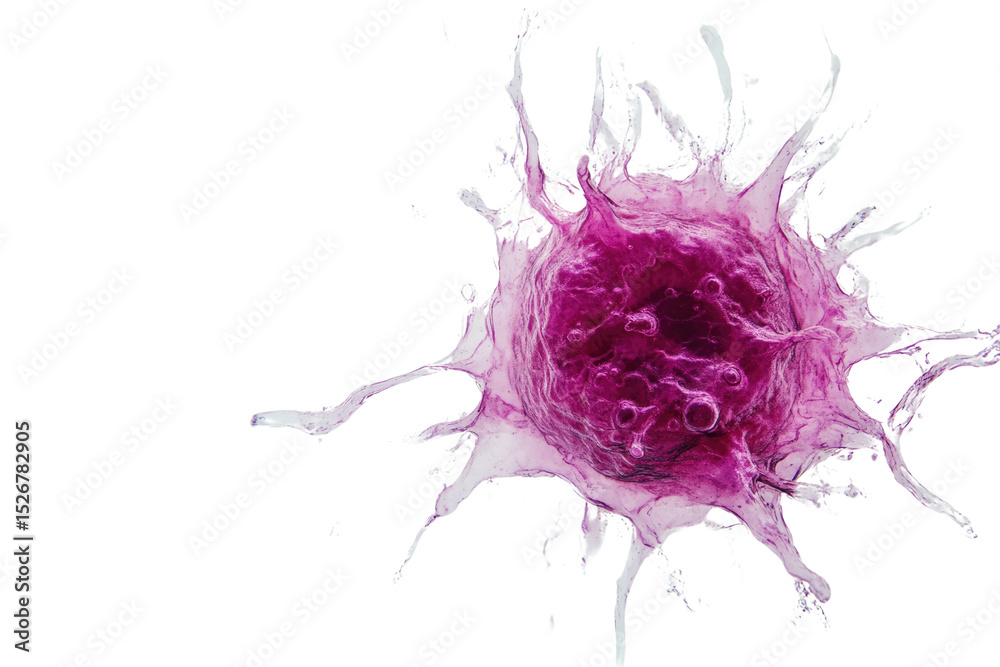 Poster Microscopic view of a cancer cell exploding, showcasing its intricate structure and aggressive nature. background removed