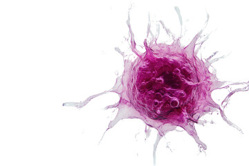 Microscopic view of a cancer cell exploding, showcasing its intricate structure and aggressive nature. background removed