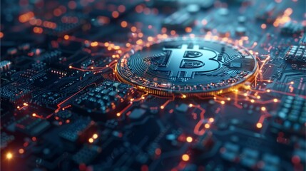 a bitcoin with an intricate circuit board design, illustrating the concept of digital currency and cryptocurrency