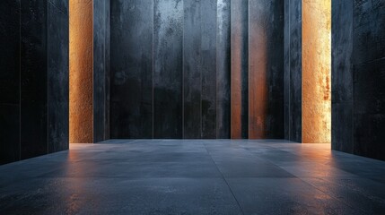 Abstract empty room with concrete wall and floor. Illuminated pillar with golden light. Exhibition hall interior for presentation.