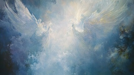 Heavenly figures soar amidst clouds.