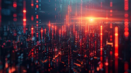 a futuristic cityscape glows with digital light, the urban landscape enhanced by data streams and modern technology. The city's lights shine boldly
