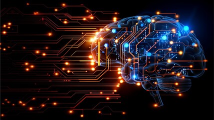 An illuminated brain with digital connections, symbolizing the concepts of AI and technology