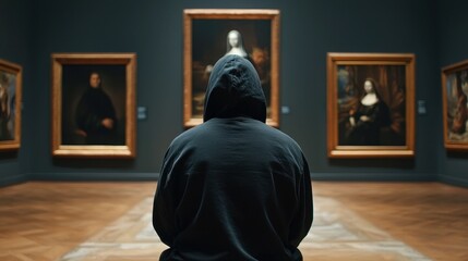 Woman in a black hoodie looking at classic paintings in a museum gallery. Art exhibition and history concept.