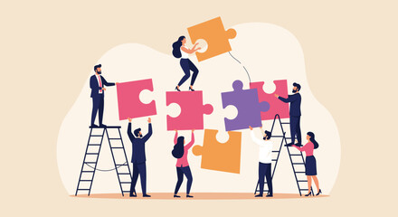 Business Teamwork concept. Contemporary flat style abstract vector illustration of diverse people putting together puzzle details. Isolated on background. 