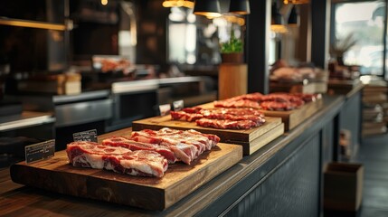 Obraz premium Fresh raw meat on wooden cutting boards displayed in a butchers shop. Quality beef and pork for cooking. Organic food from local farm.