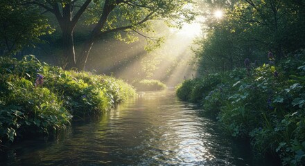 Sunlight path through lush forest