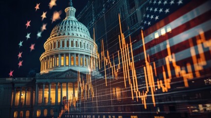 The capitol building illuminated, with the american flag and financial graph overlaid digitally. Concept of politic and economy.