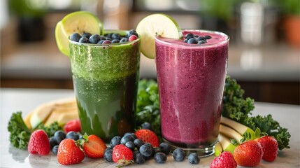 Two glasses of vibrant smoothies, garnished with fresh fruit, are a delicious and healthy treat