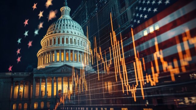 The capitol building illuminated, with the american flag and financial graph overlaid digitally. Concept of politic and economy.