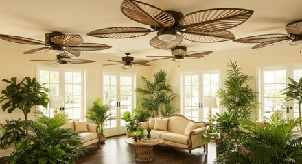 Sunlit room with plants and ceiling fans