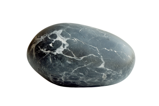 A smooth, dark grey pebble with white veins, isolated on a transparent background. background removed