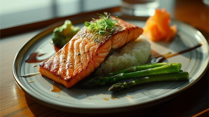 a beautifully plated salmon dish, a culinary delight featuring a grilled salmon fillet, and tasty side
