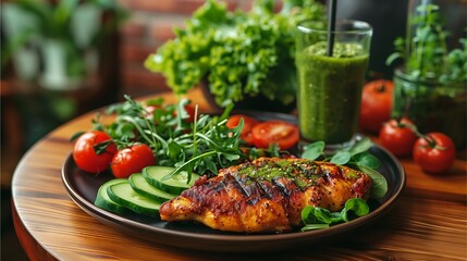 a well-prepared meal featuring grilled chicken, fresh vegetables, and a vibrant green smoothie, promoting a healthy lifestyle