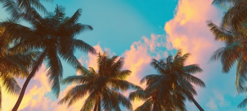 The palm trees silhouetted against a colorful sunset sky.