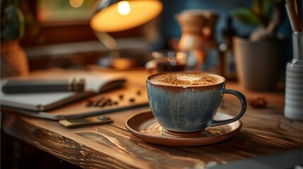 a serene close-up shot of a coffee in cup placed on wooden table. This image evokes a sense of warmth, comfort, and productivity 