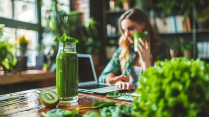 a woman working on laptop with a healthy green smoothie