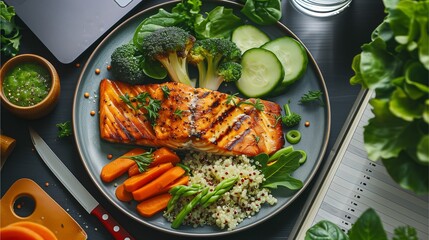 A delicious and healthy meal on a plate, featuring salmon, vegetables, and grains. The vibrant colors of the ingredients create an appealing and nutritious presentation. 