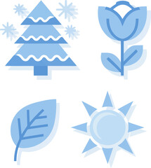 Seasonal climate icon set. Snowflake, sunshine, leaf, and blooming plant visuals representing seasonal weather change  