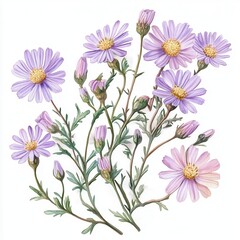 Obraz premium Delicate Bouquet of Pale Purple Daisies with Green Stems and Buds on White Background