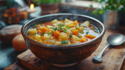 A bowl of hearty soup with fresh ingredients, captured in a warm and inviting setting
