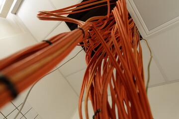 Overhead shot of numerous orange network cables descending from ceiling.