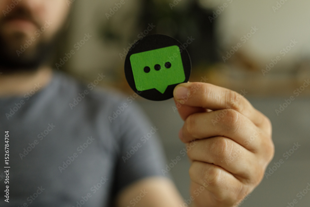 Poster Close-up of a person holding a green speech bubble icon, representing communication and messaging.