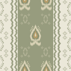 Ikat textile pattern in sage green and cream tones. Ethnic boho fabric, seamless design, decorative vintage tribal ornament for print and home decor.
