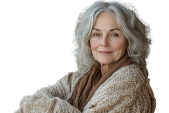 A portrait of a smiling older woman with gray, wavy hair wearing a beige knitted cardigan. background removed
