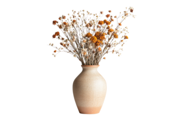 Dried flowers in a speckled beige vase, creating a rustic, autumnal aesthetic. background removed