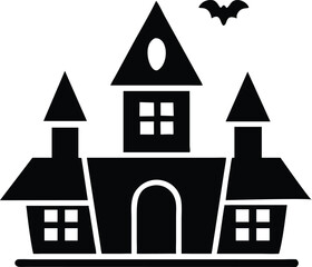 Spooky black haunted house icon with flying bat for halloween design