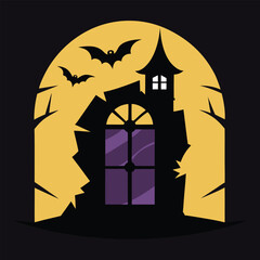 Spooky haunted house silhouette with bats flying in front of full moon