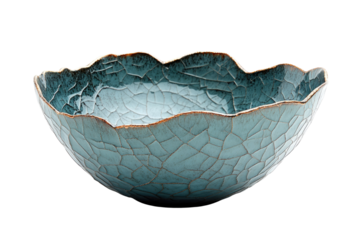 A blue, cracked glaze ceramic bowl with an irregular rim.  background removed