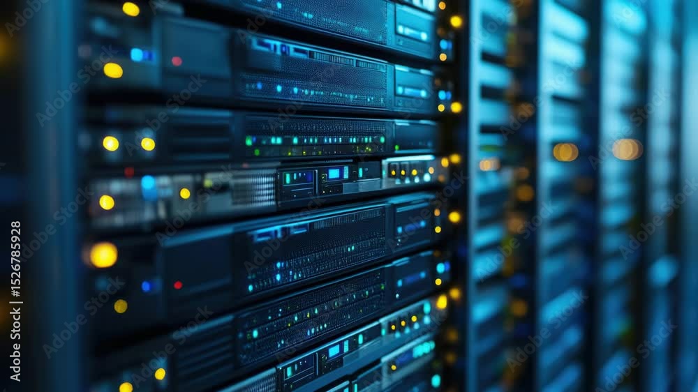 Poster rows of servers in a data center facility, ideal for tech-related concepts and infrastructure images