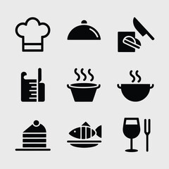  vector icons cooking food chef hat include a pizza slice, a sushi roll, spaghetti and meatballs, a curry bowl burger , fish