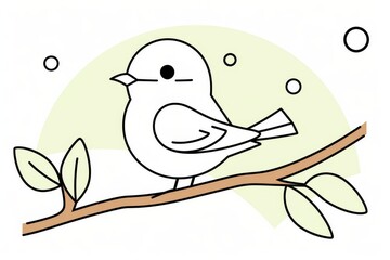 Cute cartoon bird sitting on branch, simple vector line drawing with thick black outlines, minimalistic children&rsquo;s book style illustration.