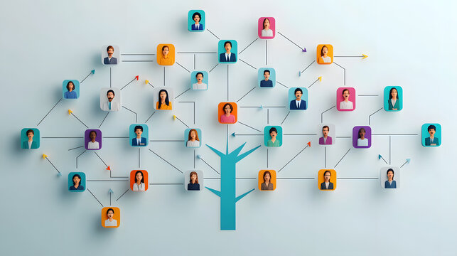 A visually dynamic tree-style organizational chart with flat-style, multicolored employee icons grouped by function, arrows showing cross-functional collaboration, set on a minimal