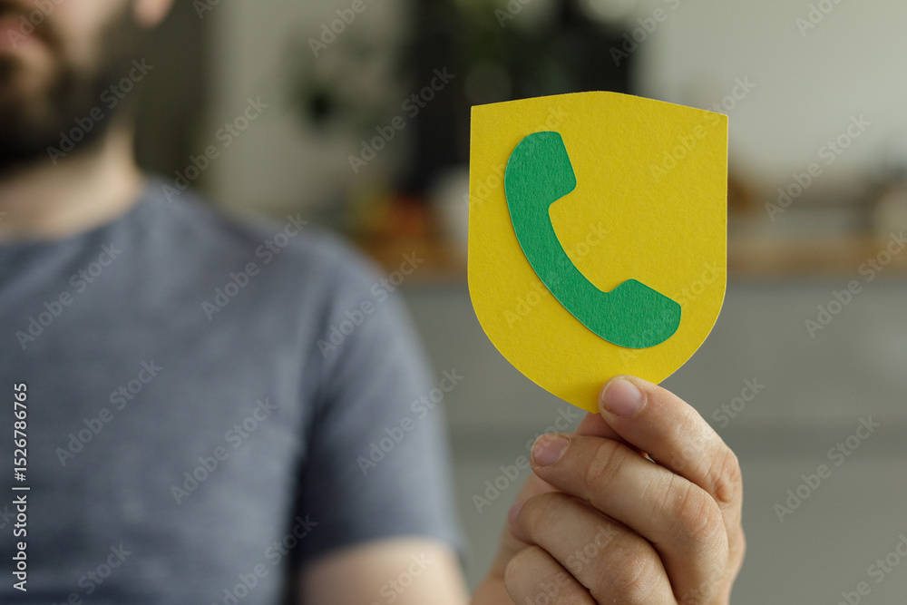 Poster image of a hand holding a shield with a phone symbol, representing secure contact.