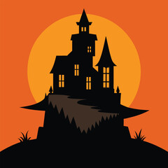 Spooky haunted house silhouette with full moon background for halloween design